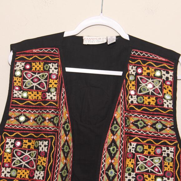 Vintage Passports Boho Cotton Mirror Accent Embroidered Vest Size Large - Picture 4 of 7